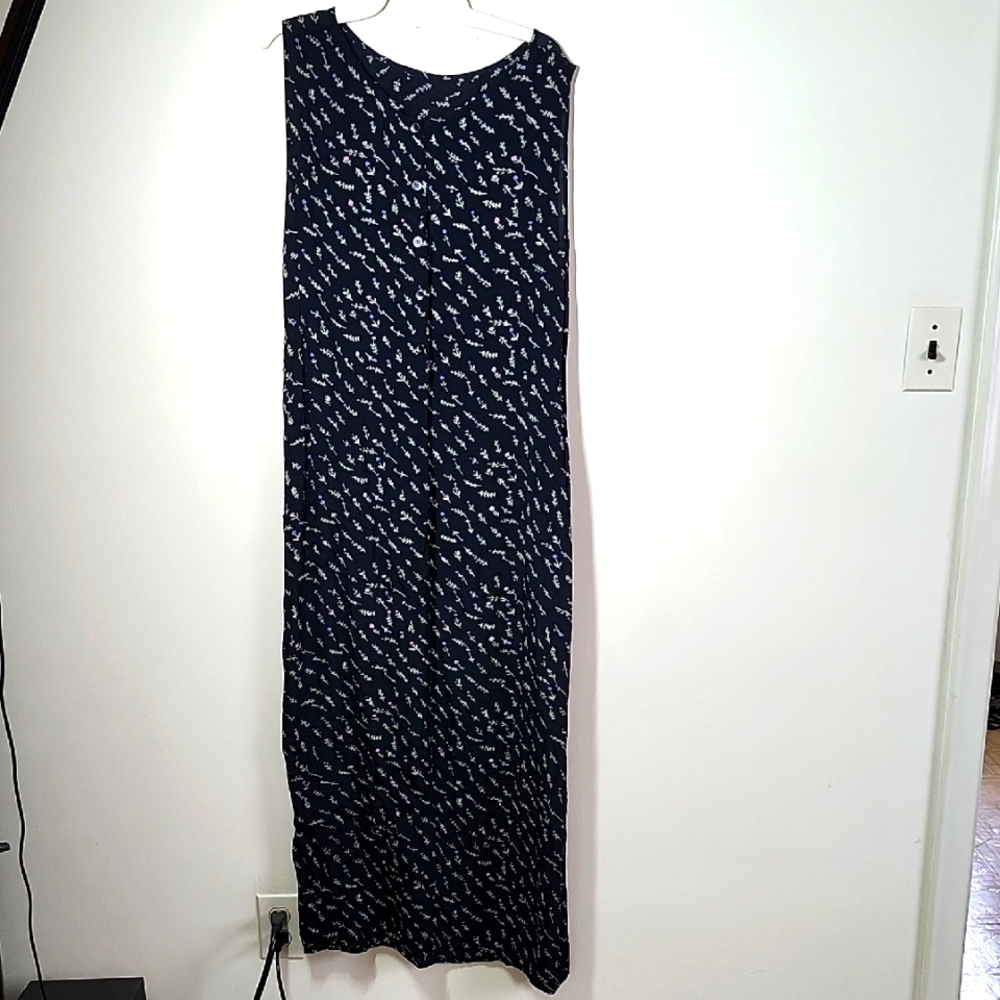 Vintage Fairweather Woman Navy Sleeveless Maxi Dress with Ditsy Floral Pattern